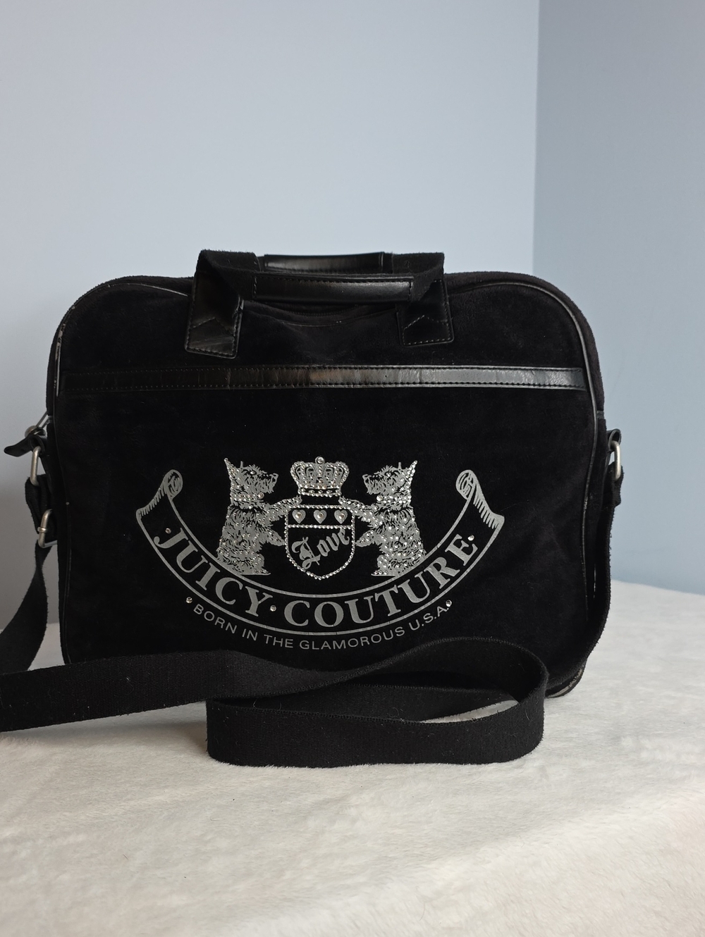 Juicy Couture Black Suede Messenger Laptop Bag with Silver Rhinestone Crest Logo